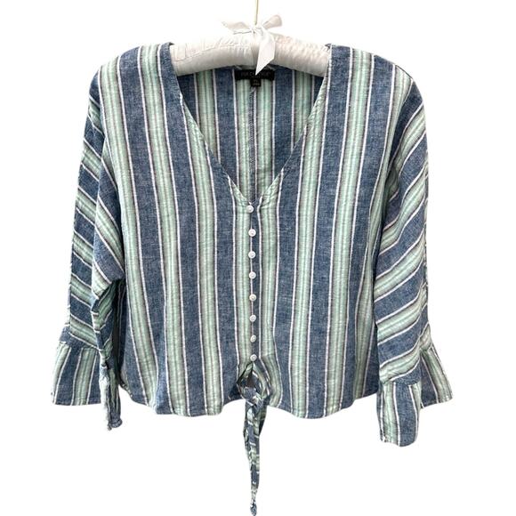 FOR CYNTHIA | Petite Blue Striped Linen Cotton Tie Front Button Blouse | Large - Picture 1 of 7